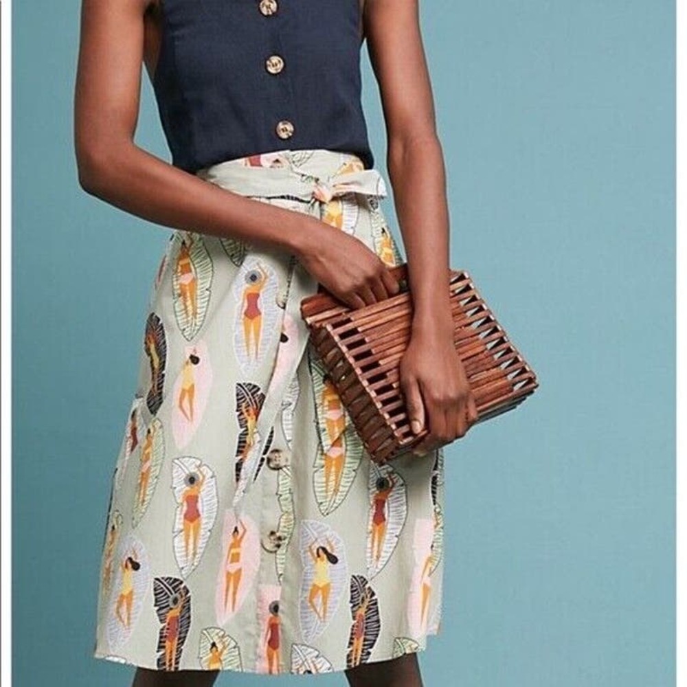 Eva Franco Anthropologie Sunbather Skirt A Line Buttons Gray Knee Length size 4